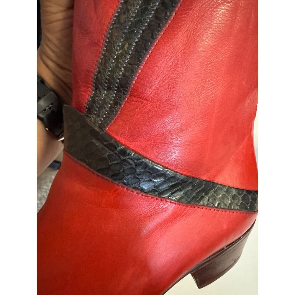 Vintage Pollini Red Leather Python Trim Knee High Boots Made Italy EU 37 6 1/2-7 - Picture 12 of 12